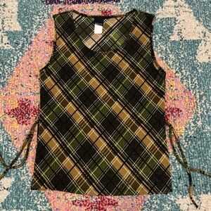Brown and Green Plaid Sleeveless Top featuring Side Slits and Tie-Up